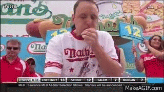 Man Eating Hot Dog with Dog Sign