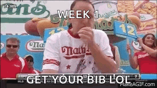 Man Eating Hot Dog With Get Your Bib Lol Sign