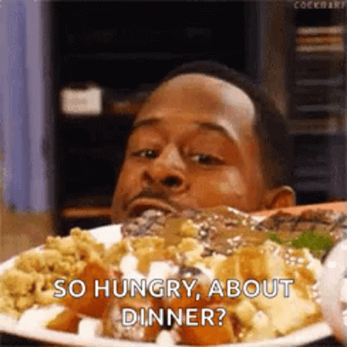 Man Eating Plate Of Food Saying So Hungry About Dinner GIF