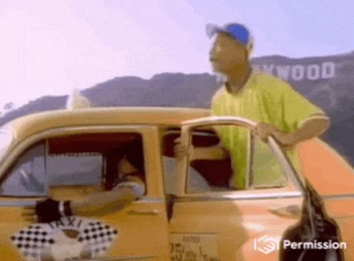 Man Exits Taxi by Permission Sign