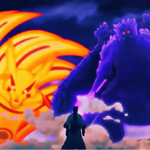 Man Facing Purple and Orange Monster