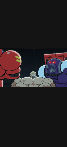 Man Flexing Next to Purple Robot With Red Eyes