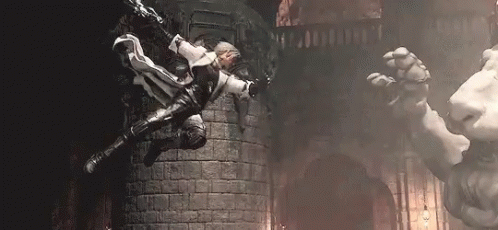 Man Flying Before Lion Statue in Game