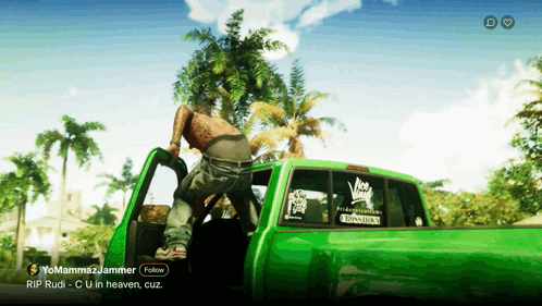 Man Getting Out of Green Truck Follow Button