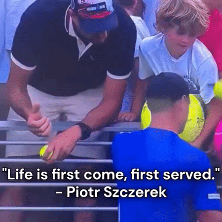 Man Giving Tennis Ball to Another Man with Piotr Szczerek Quote