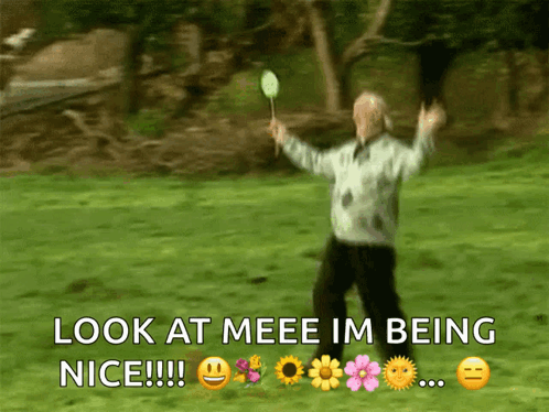 Man Holding Badminton Racket Says Look At Mee Im Being Nice GIF
