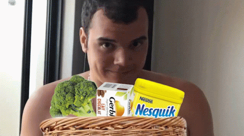 Man Holding Basket With Gerbi Milk and Nesquik