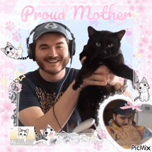 Man Holding Black Cat Proud Mother