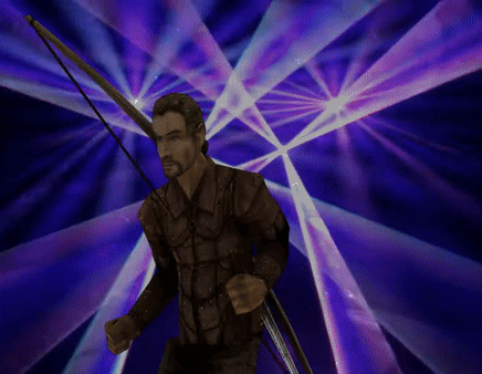 Man Holding Bow And Arrow In Purple Lights GIF