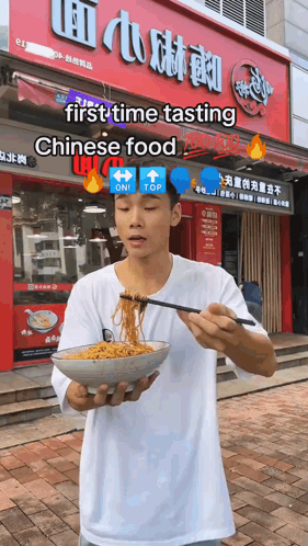 Man Holding Bowl of Noodles at Chinese Food Store