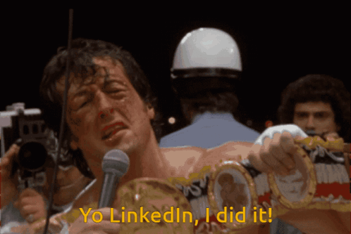 Man Holding Boxing Ring Saying Yo LinkedIn I Did It