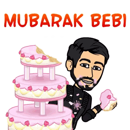 Man Holding Cake Next to Mubarak Beb Cake