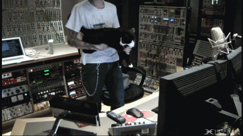 Man Holding Cat in Recording Studio With X