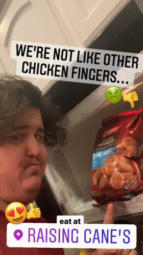 Man Holding Chicken Fingers We're Not Like Other Chicken Fingers