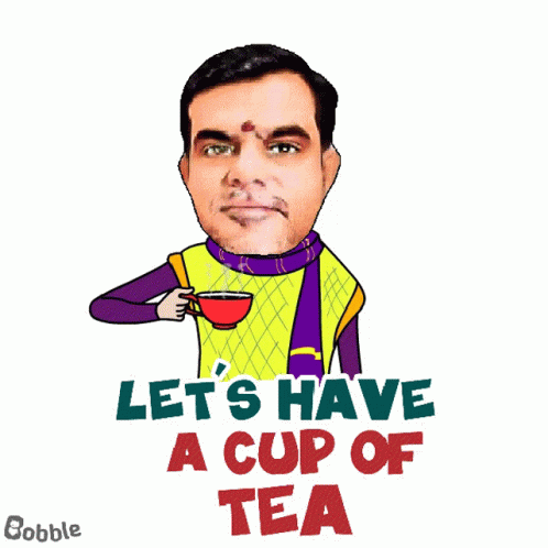 Man Holding Cup of Tea Saying Let's Have a Cup of Tea