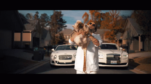 Man Holding Dog In Front Of Two Bentleys GIF
