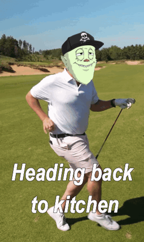 Man Holding Golf Club Heading Back To Kitchen GIF