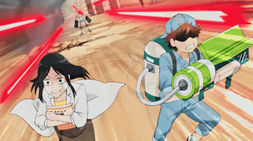 Man Holding Green Water Gun And Woman In Lab Coat GIF