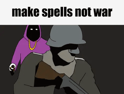 Man Holding Gun Saying Make Spells Not War GIF