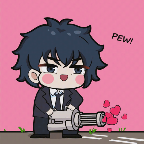 Man Holding Gun With Hearts Saying Pew