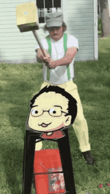 Man Holding Hammer in Front of Cartoon Man
