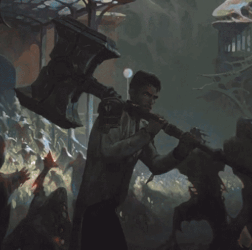 Man Holding Large Axe With Letter T GIF