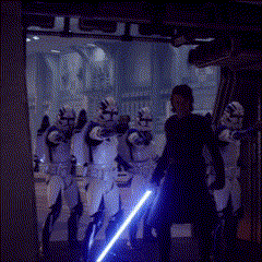 Man Holding Lightsaber In Front Of Stormtroopers GIF