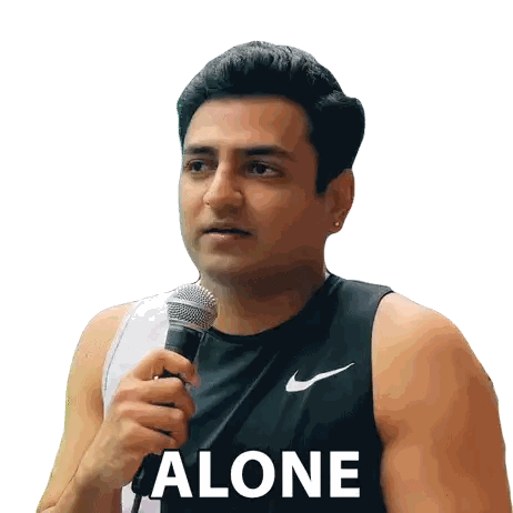 Man Holding Microphone and Alone Text