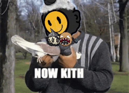 Man Holding Pigeon With Smiley Face Says Now Kith