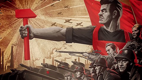 Man Holding Red Hammer Surrounded By Soldiers GIF