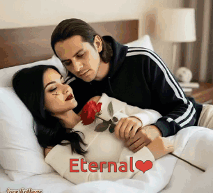 Man Holding Rose Next to Woman on Bed Eternal