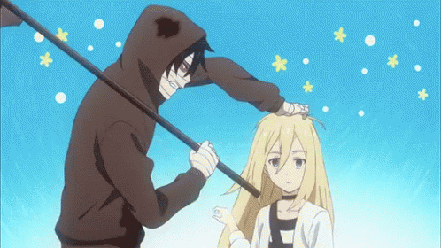 Man Holding Scythe Over Woman's Head GIF