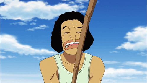 Man Holding Stick with Eyes Closed