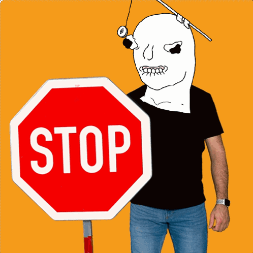 Man Holding Stop Sign with Cartoon Face