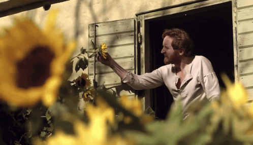 Man Holding Sunflower in Front of Open Window