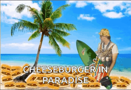 Man Holding Surfboard On Beach Surrounded By Cheeseburgers GIF