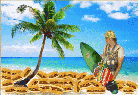 Man Holding Surfboard on Beach with Hot Dogs