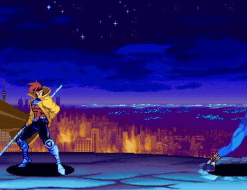 Man Holding Sword in Burning City