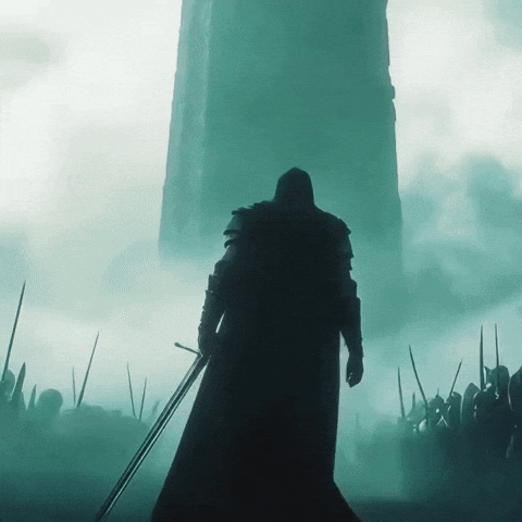 Man Holding Sword In Front Of Tower GIF