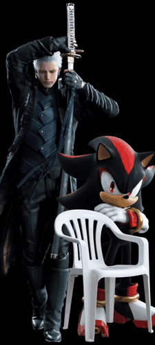 Man Holding Sword Next to Shadow the Hedgehog and White Chair