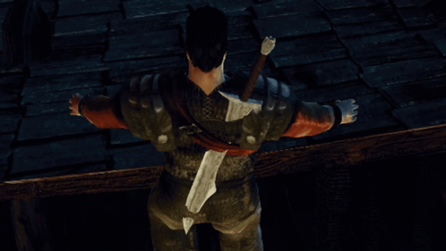 Man Holding Sword On Back Arms Outstretched GIF