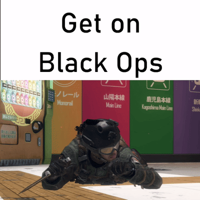 Man Holding Sword Saying Get on Black Ops