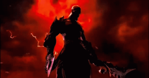 Man Holding Sword with Lightning Background