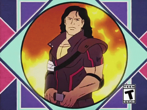 Man Holding Sword with T and ESRB
