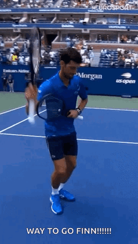 Man Holding Tennis Racquet Saying Way to Go Finn