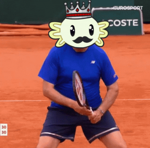 Man Holding Tennis Racquet With Cartoon Character and Crown on Head