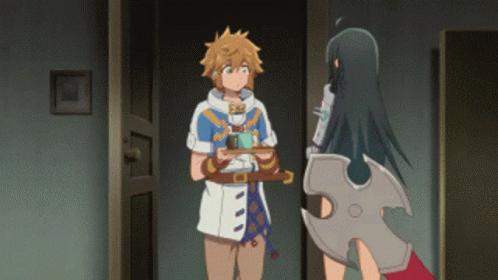 Man Holding Tray With Coffee And Woman Holding Sword GIF