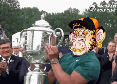 Man Holding Trophy With Senior Ape Golf Club Logo
