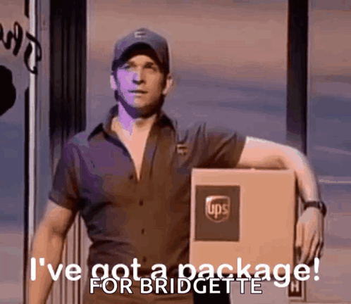 Man Holding UPS Package Saying I've Got Package For Bridgette GIF