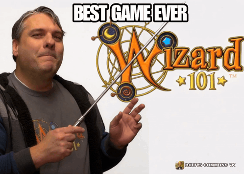 Man Holding Wand in Front of Wizard 101 Sign